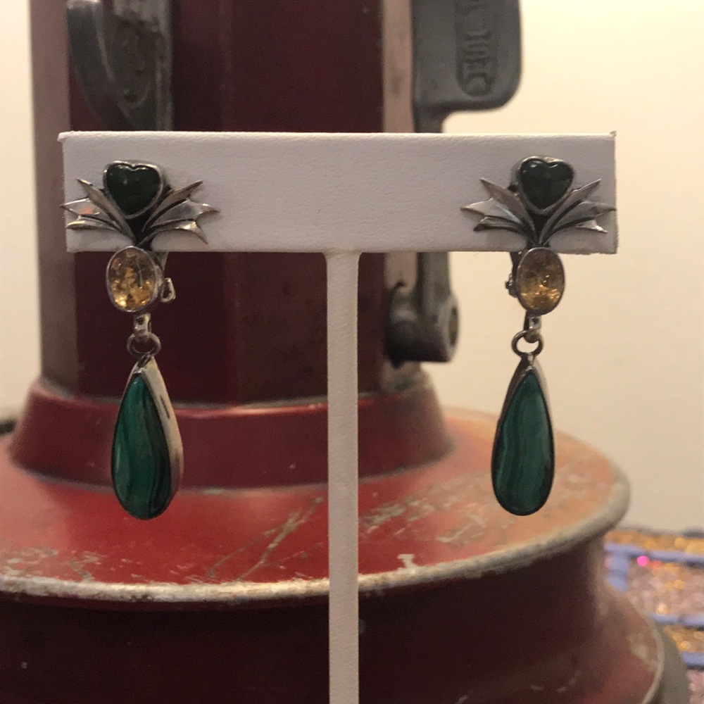 Vintage Malachite and Citron Clip On Earrings